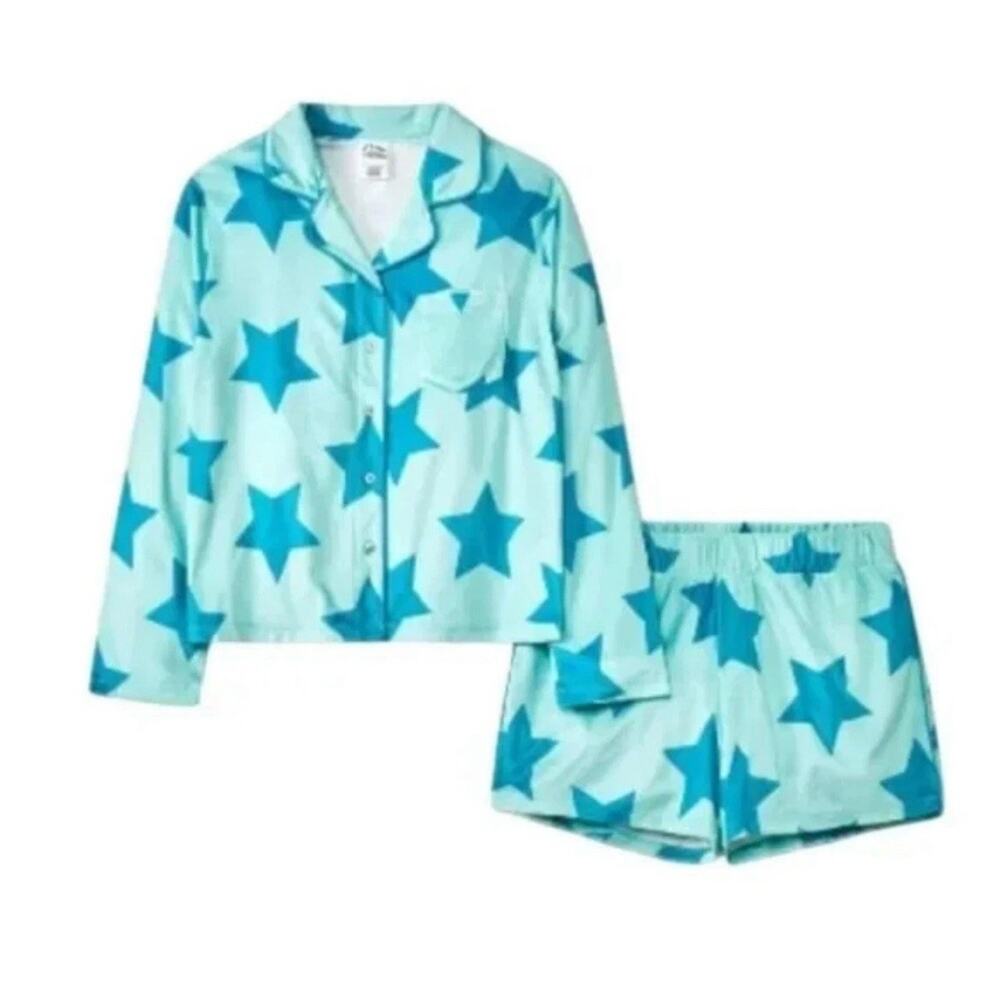NWOT Art Class 2 pc Pajama Set Aqua Stars shorts button up sz XXL 16/18 Girls